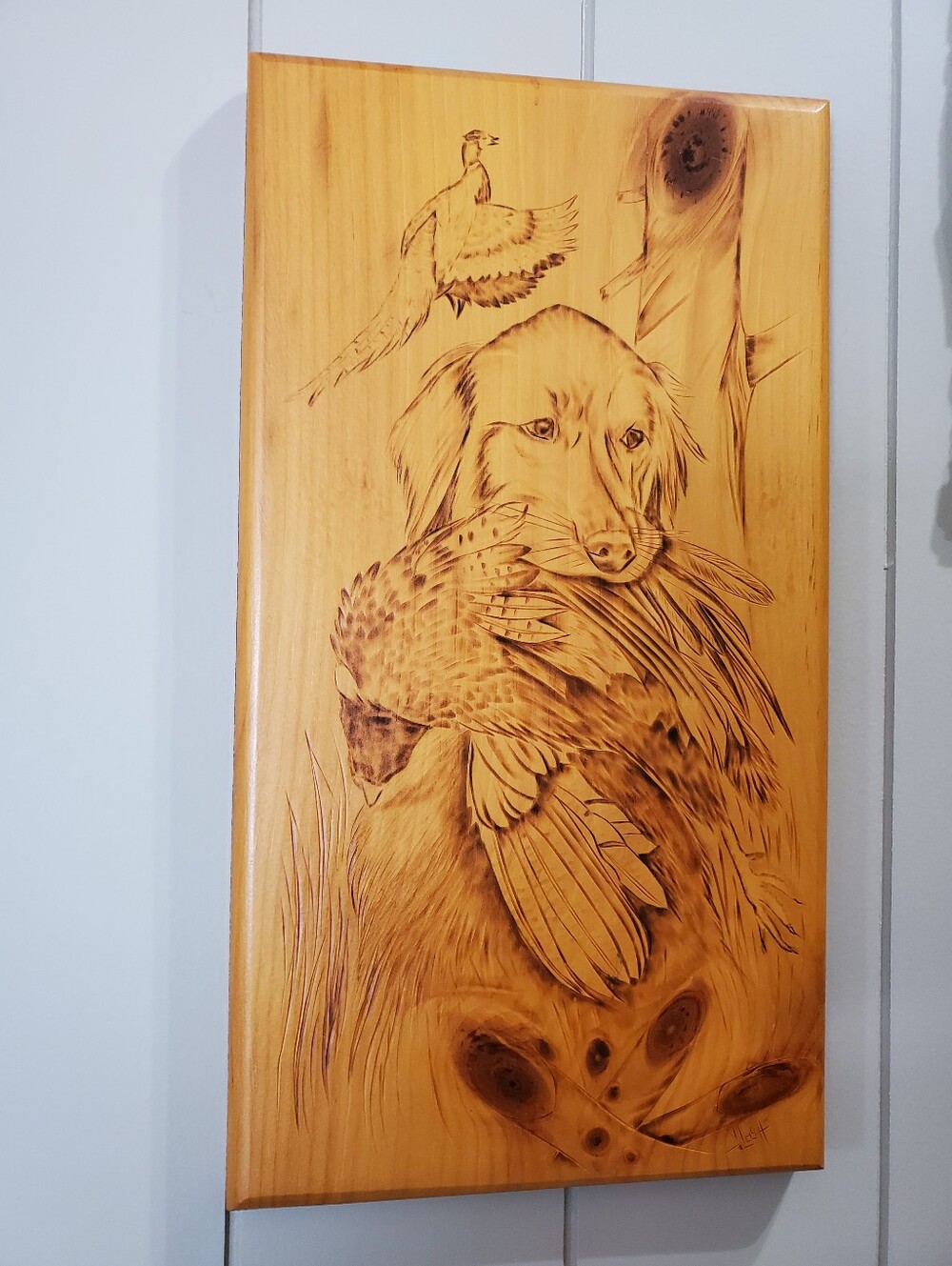 Vintage Pyrography Wood Burned Golden Retriever Hunting Dog Plaque Wall Art - Picture 8 of 9